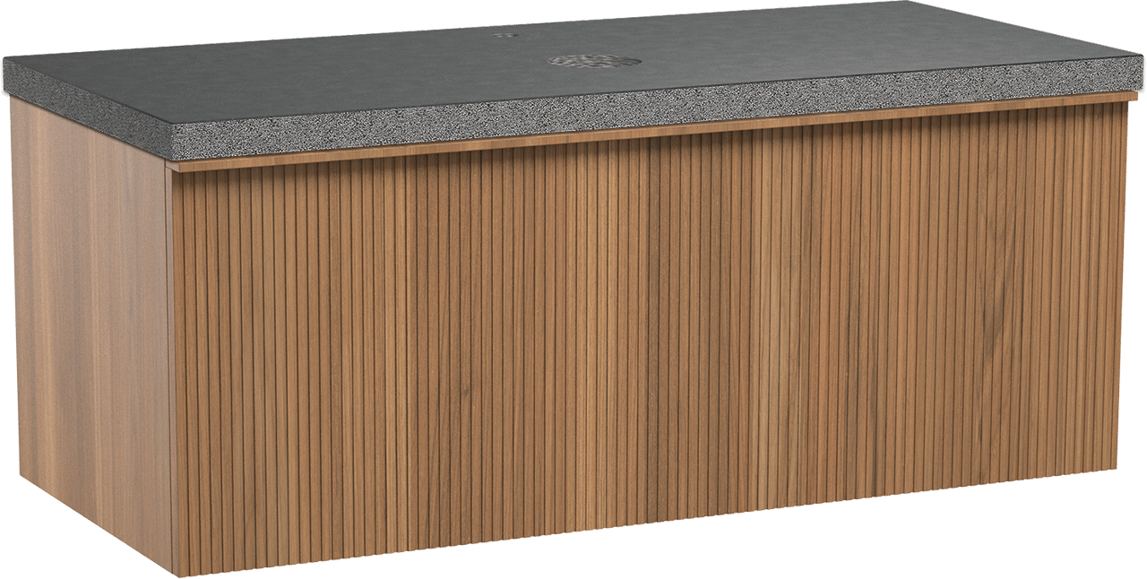 Balmani Forma hängendes Möbelstück Set: 120 x 55 cm, Teak, mit Rock Einzel Waschtischplatte, Granit, Schwarzes Granit, Vertikale symmetrische gerade Rippe