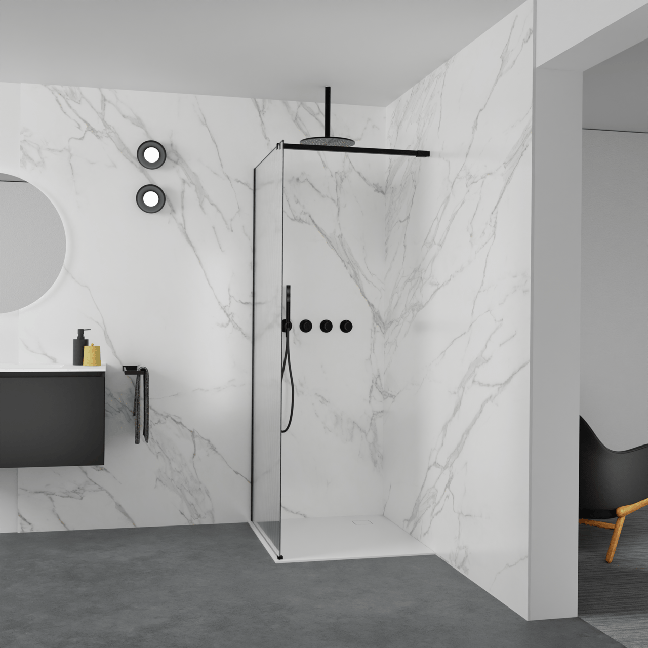 Balmani Modular Walk-In Dusche: 90 x 200 cm, Ribs, inklusive Coating, Profil Schwarz matt
