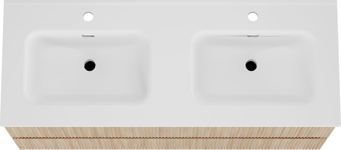 Linie Lado Ribs meuble salle de bains suspendu 120 x 46 cm chêne naturel avec Baro double vasque en porcelaine blanc mat, Nervure droite symétrique verticale