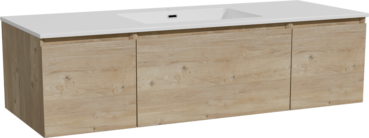 Storke Edge hängendes Möbelstück Set: 135 x 52 cm, Rohe Eiche, mit Diva Einzelwaschtisch, Marmorkomposit Weiß glänzend