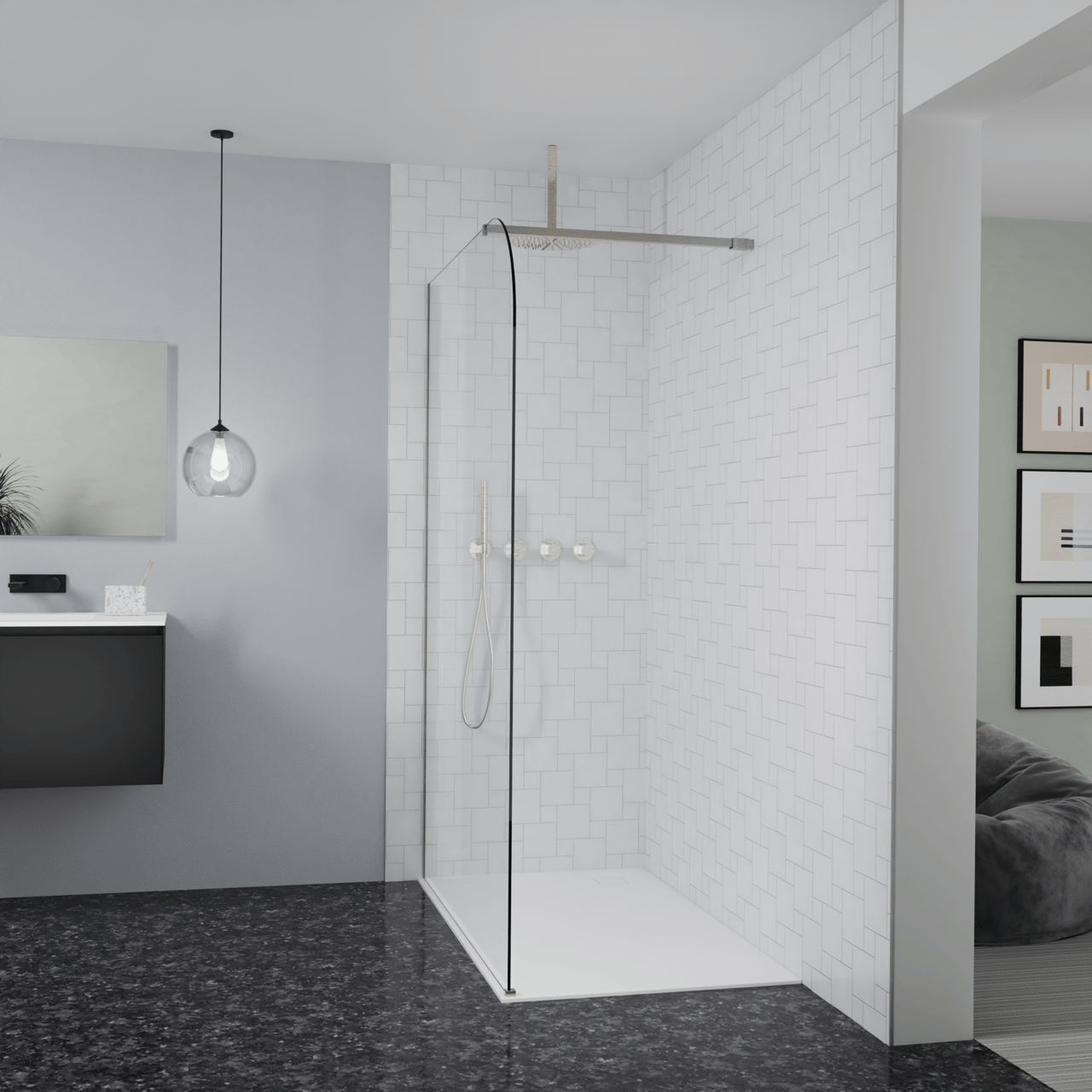 Balmani Modular inloopdouche: 140 x 200 cm, Helder glas afgerond met coating, Brushed CoolMetal profielen