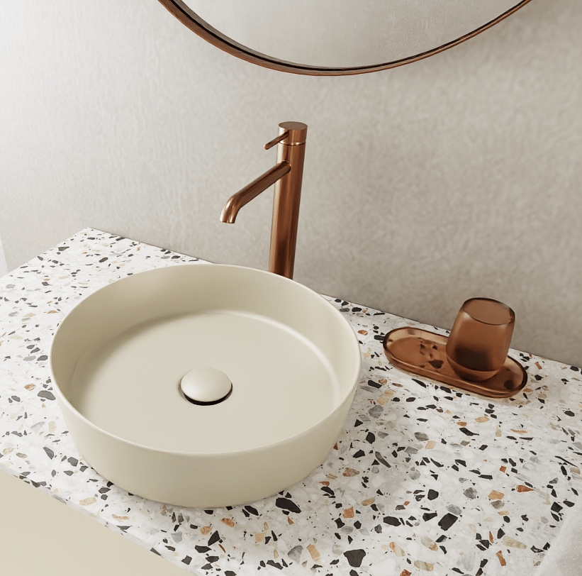 Balmani Fiyi Aufsatzwaschbecken: Matt Dune Solid Surface, rund, Ø 39 cm
