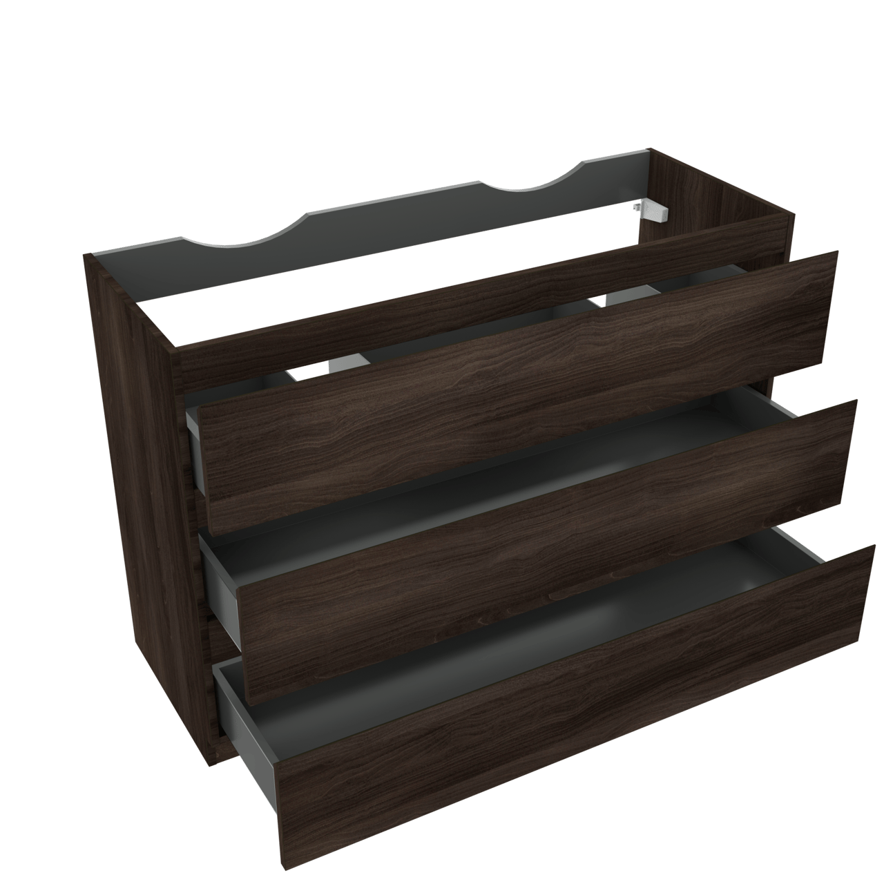 Linie Lado staande wastafelonderkast 120 x 46 cm donkere notenhout 3 lades 2 sifonuitsparingen