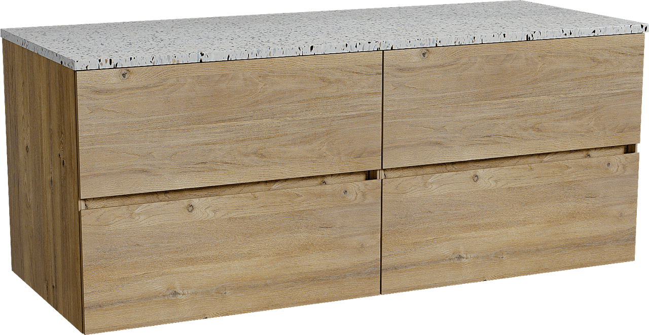 Storke Edge zwevend badmeubel 130 x 52 cm ruw eiken met Tavola enkel of dubbel wastafelblad in mat wit/zwart terrazzo