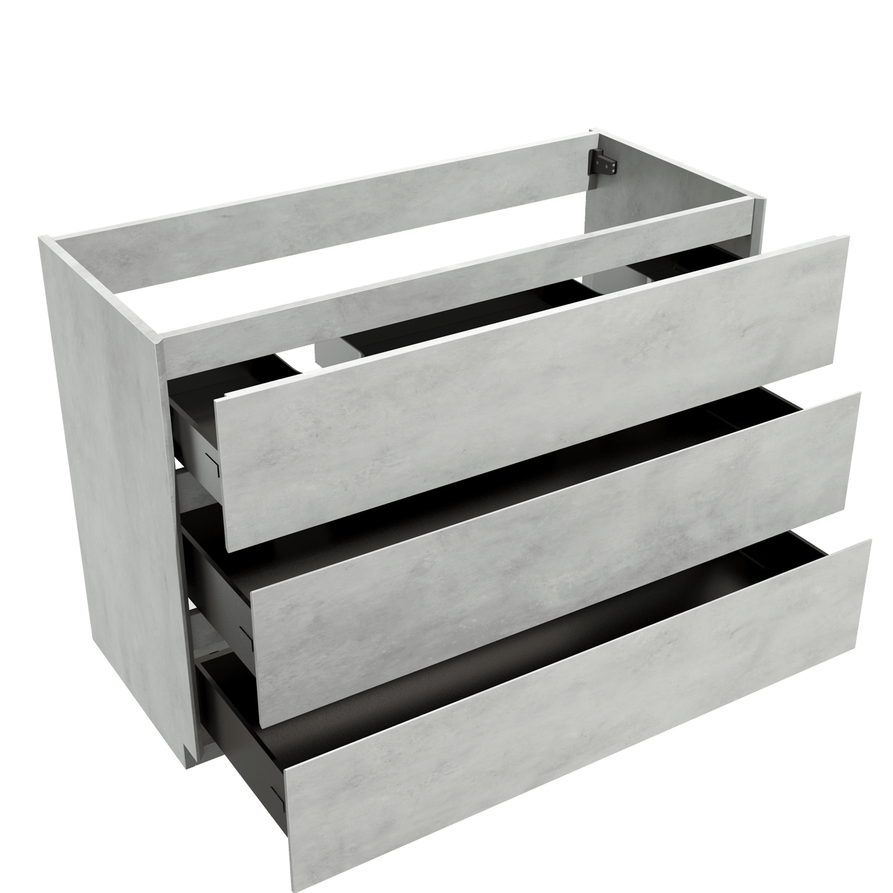 Storke Edge stehender Waschbeckenunterschrank: 120 x 52 cm, Beton silbergrau, 3 Schubladen, 2 Siphonaussparungen