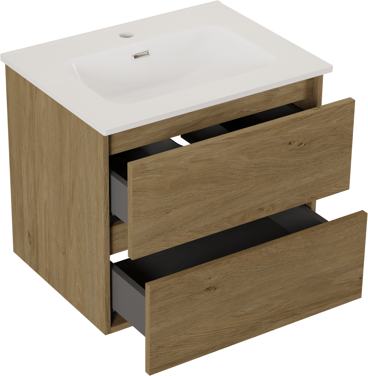 SanyOne Eli meuble salle de bains à assembler suspendu 60 x 46 cm chêne avec Baro plan simple en porcelaine blanc brillant