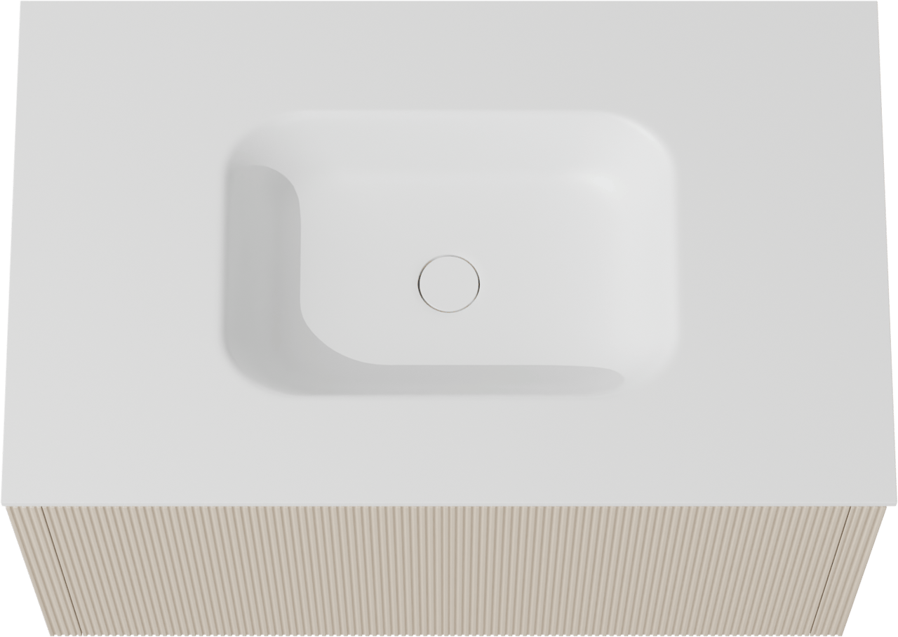 Balmani Eclips meuble salle de bains suspendu 90 x 55 cm Sandbeige avec Tablo Arcato plan simple en Solid Surface blanc mat, Nervure droite symétrique verticale