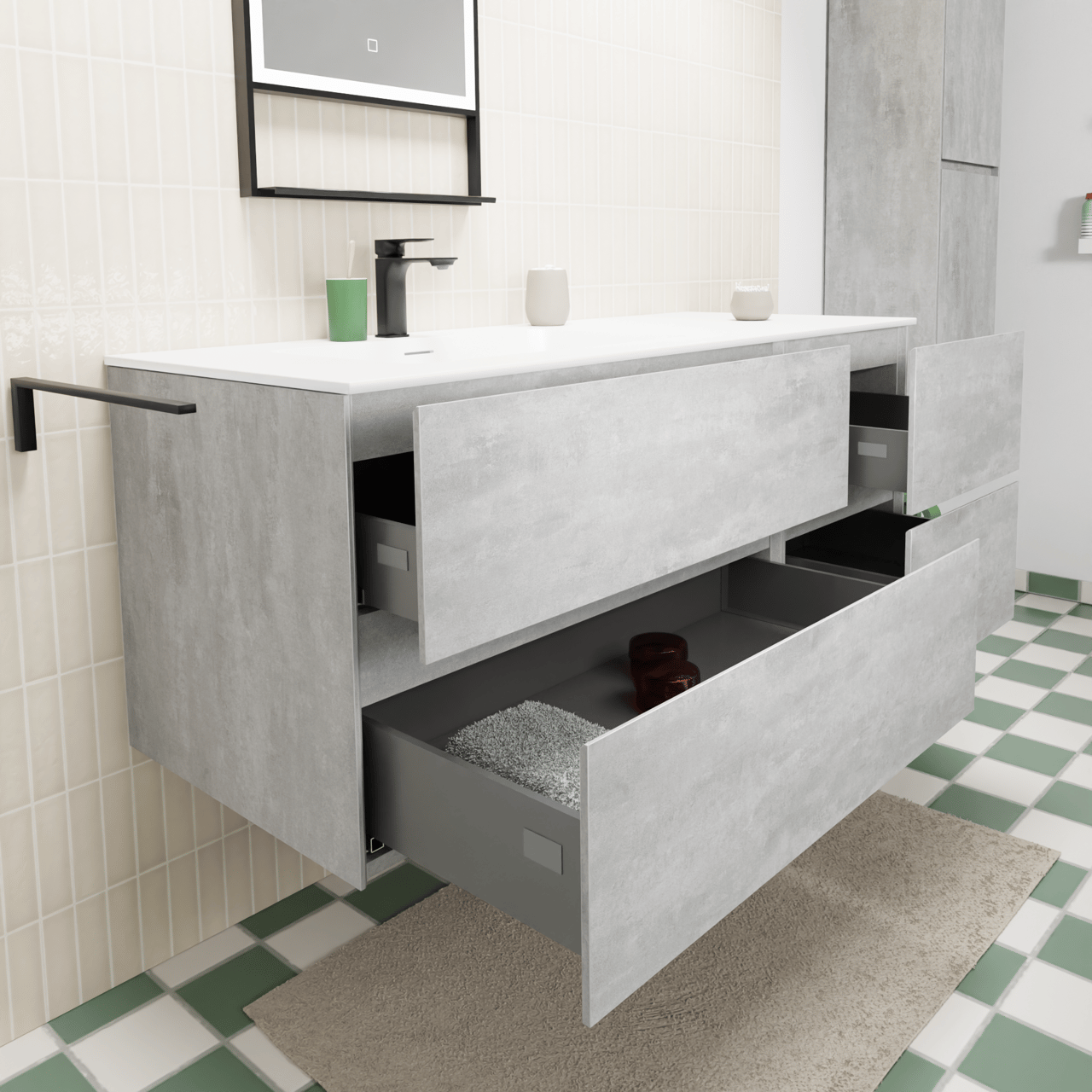 Storke Edge zwevend badkamermeubel 130 x 52 cm beton donkergrijs met Mata asymmetrisch linkse wastafel in solid surface mat wit