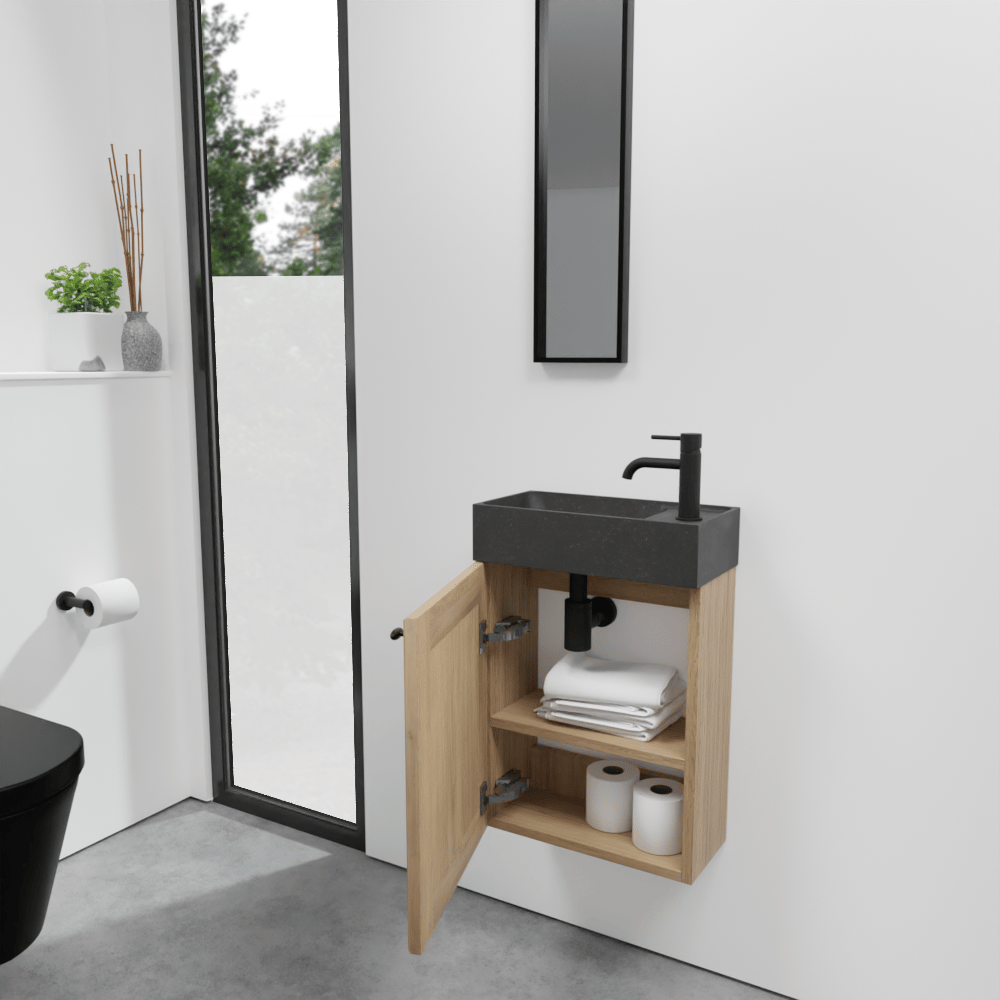 Balmani Lemon zwevend toiletmeubel 42 x 21 cm verweerd eiken met Dama wastafel in verzoete graniet