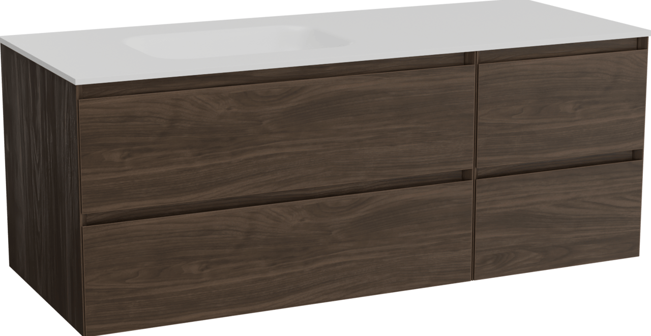 Balmani Mitra hängendes Möbelstück Set: 135 x 55 cm, Amerikanischer Nussbaum, mit Tablo Arcato Waschtisch links, Solid Surface Weiß matt