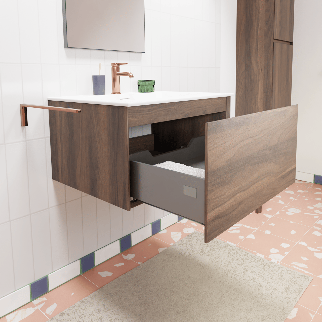 Storke Edge zwevend badkamermeubel 65 x 52 cm notelaar met Mata enkele wastafel in solid surface mat wit