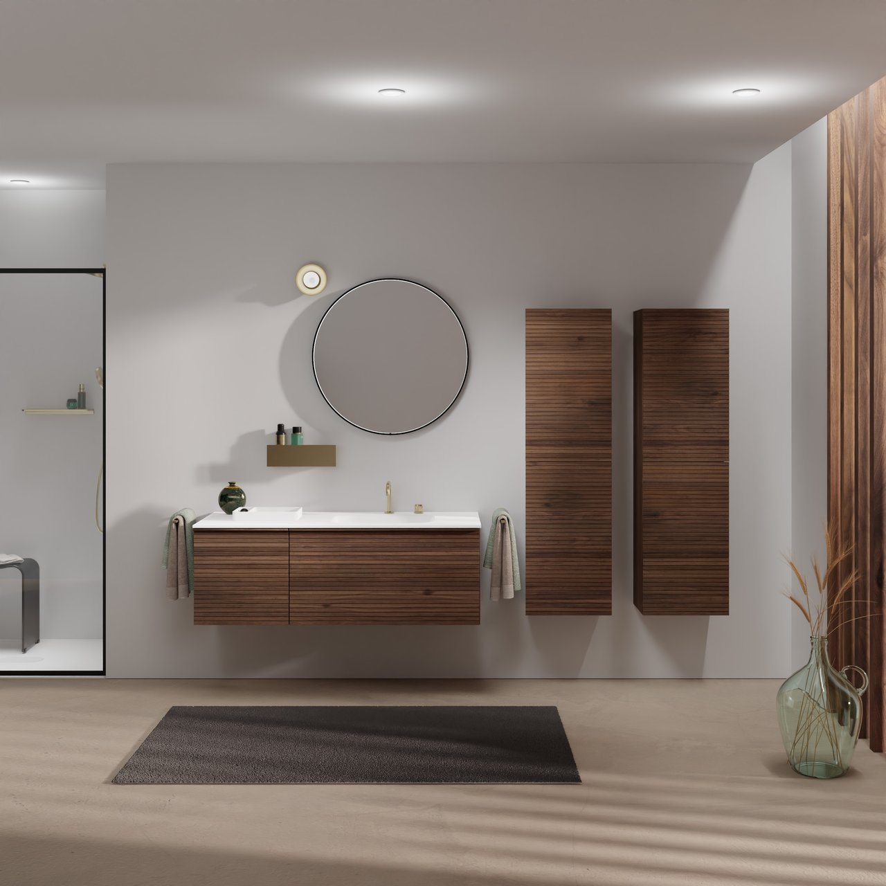Balmani Forma zwevend badmeubel 135 x 55 cm amerikaans notenhout met Tablo Arcato asymmetrisch rechtse wastafel in solid surface mat wit, Horizontale symmetrische rechte ribbel