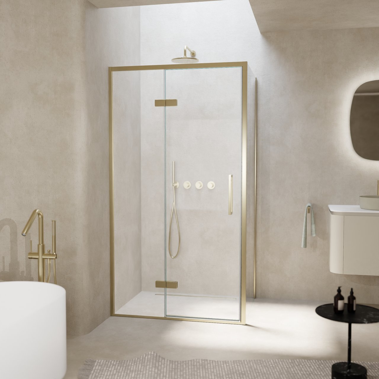 Balmani Senses Design douche en coin avec porte pivotante à gauche et paroi latérale fixe, 100 x 100 cm, Verre transparent, Profil Brushed Champagne Gold