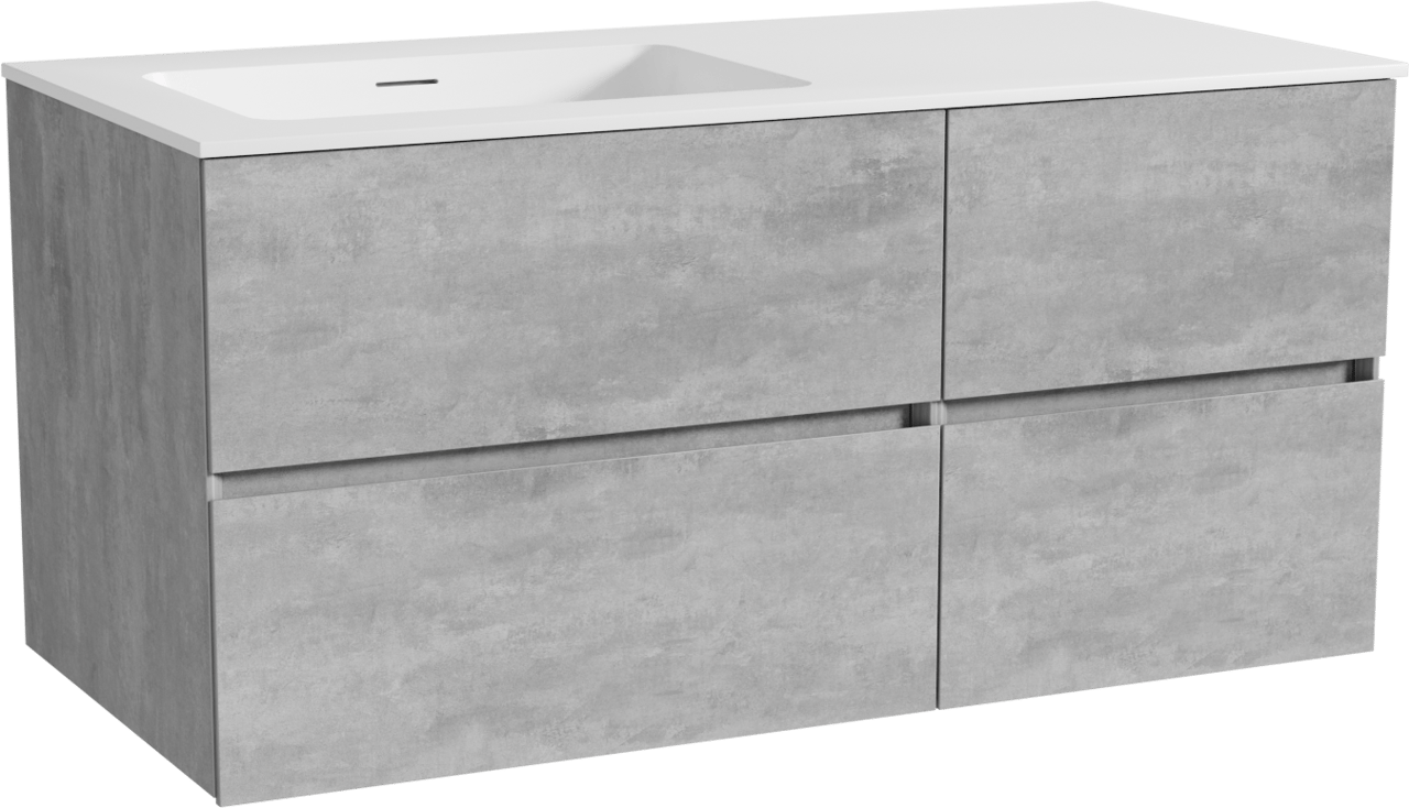 Storke Edge meuble salle de bains suspendu 110 x 52 cm béton gris foncé avec Mata plan vasque asymétrique à gauche en solid surface blanc mat