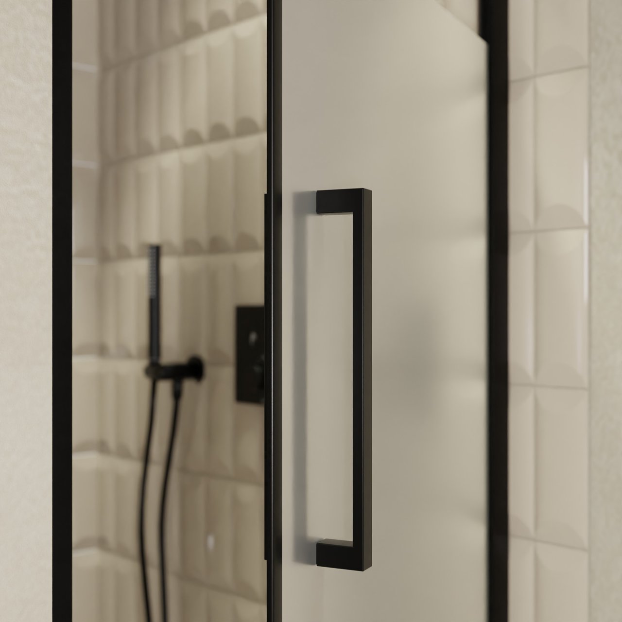 Balmani Senses Design douche draaideur rechts 90 cm x 210 cm Helder glas met matte strook, Zwarte profielen, met coating
