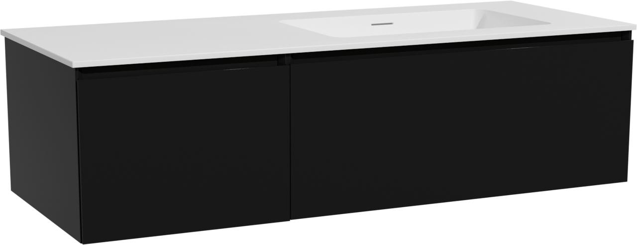 Storke Edge zwevend badmeubel 130 x 52 cm mat zwart met Mata asymmetrisch rechtse wastafel in solid surface mat wit