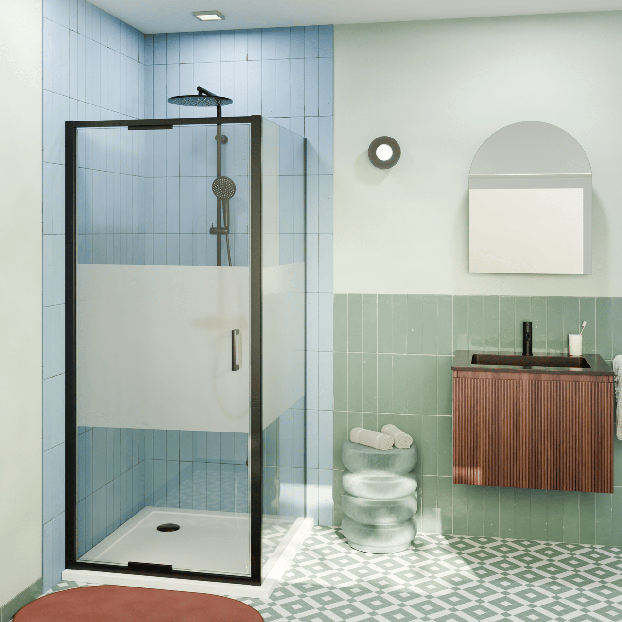 Luca Varess Vidor In Eckdusche: Drehtür und fixierte, Seitenwand, 90 x 80 cm, Klarglas mit mattiertem Streifen, mattschwarzes Profil