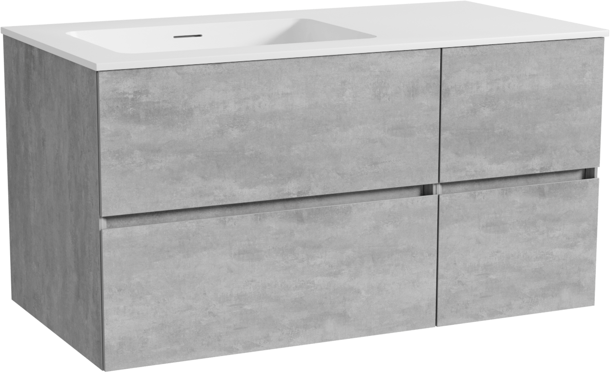 Storke Edge meuble salle de bains suspendu 100 x 52 cm béton gris foncé avec Mata plan vasque asymétrique à gauche en solid surface blanc mat
