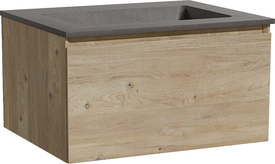 Storke Edge zwevend badkamermeubel 65 x 52 cm ruwe eik met Scuro enkele wastafel in kwarts mat zwart