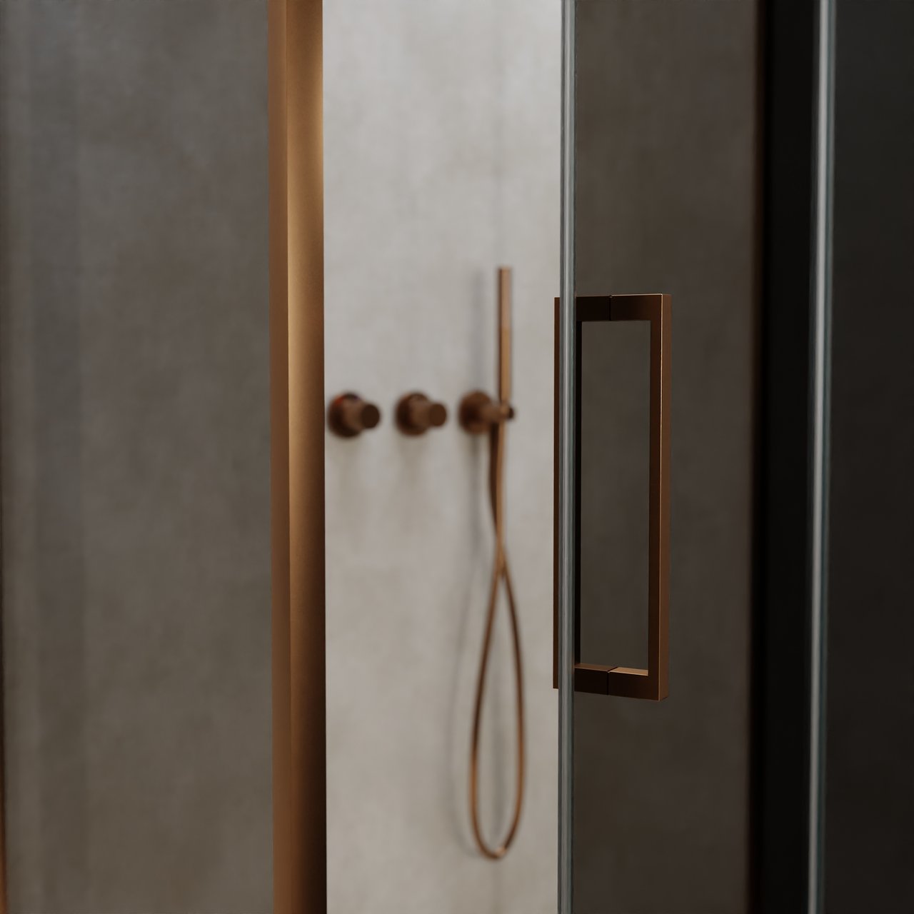 Balmani Senses Design douche en coin avec porte pivotante à droite et paroi latérale fixe, 100 x 100 cm, Verre fumé, Profil Brushed Rosegold, coating inclus