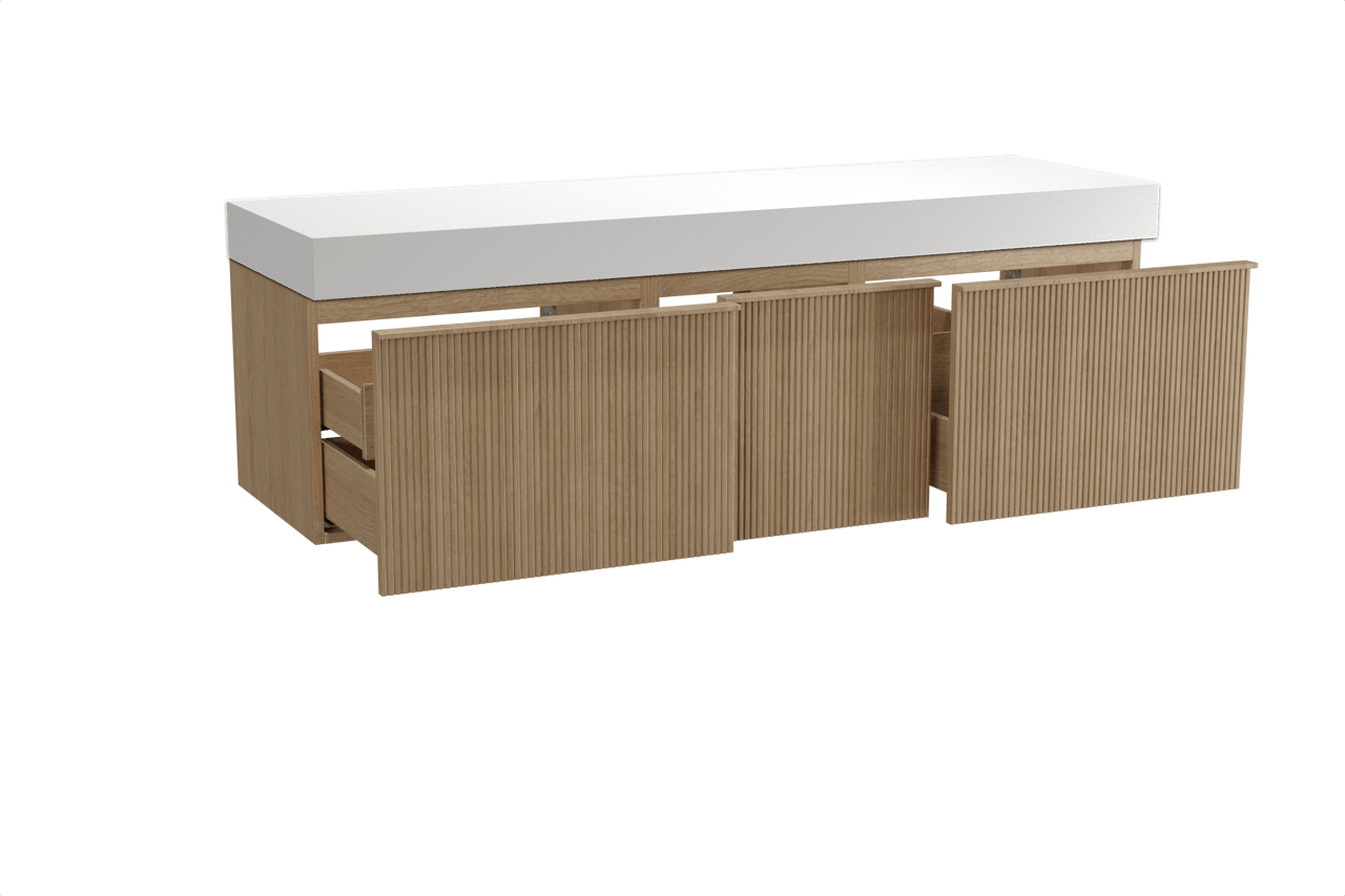 Balmani Forma hängendes Möbelstück Set: 180 x 55 cm, Naturbelassene Eiche, mit Dominus Einzel- oder Doppel Waschtischplatte, Solid Surface, Weiß matt, Vertikale symmetrische gerade Rippe