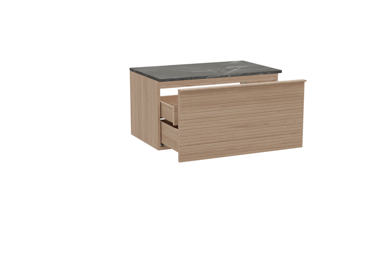 Balmani Forma zwevend badkamermeubel 90 x 55 cm natuur eik met Stretto enkel tablet in marmer pietra grey, Horizontale symmetrische rechte ribbel