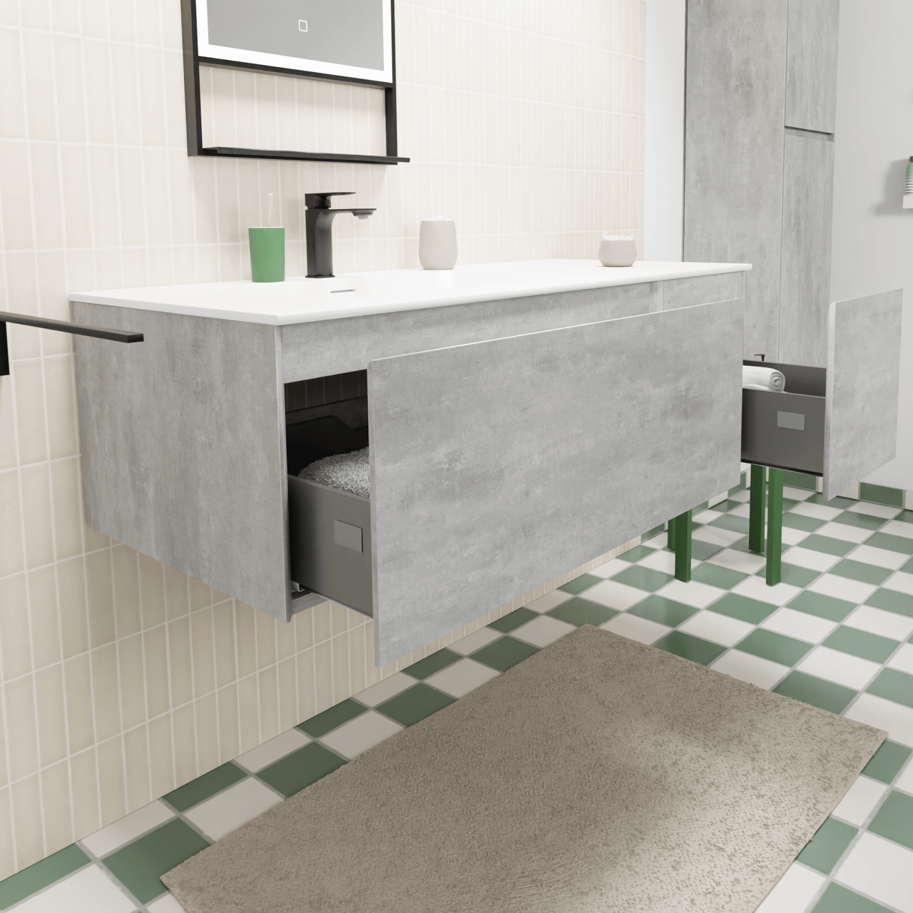 Storke Edge zwevend badmeubel 120 x 52 cm beton donkergrijs met Mata asymmetrisch linkse wastafel in solid surface mat wit
