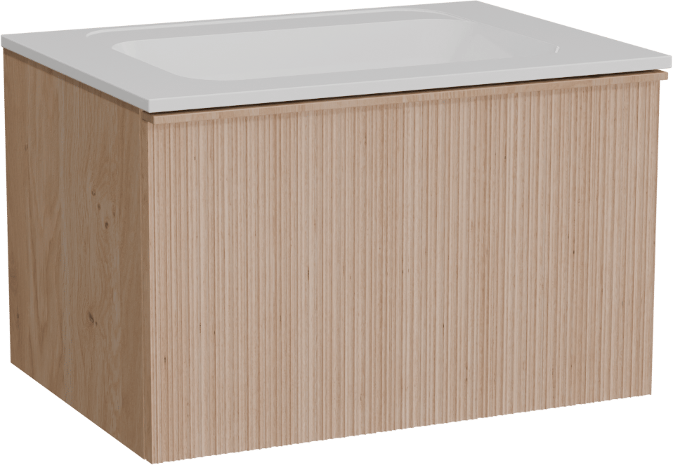 Balmani Forma meuble salle de bains suspendu 75 x 55 cm chêne naturel avec Tablo Strada plan simple en marbre composite blanc brillant, Nervure circulaire asymétrique verticale