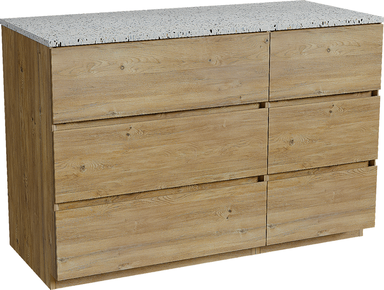Storke Edge freistehendes Möbelstück Set: 120 x 52 cm, Rohe Eiche, mit Tavola Einzel- oder Doppel Waschtischplatte, Terrazzo in Weiß/Schwarz matt