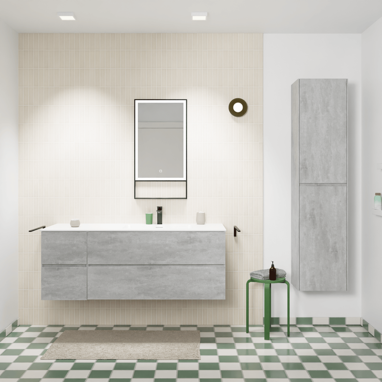 Storke Edge meuble salle de bains suspendu 140 x 52 cm béton gris foncé avec Mata plan vasque asymétrique à droite en solid surface blanc mat