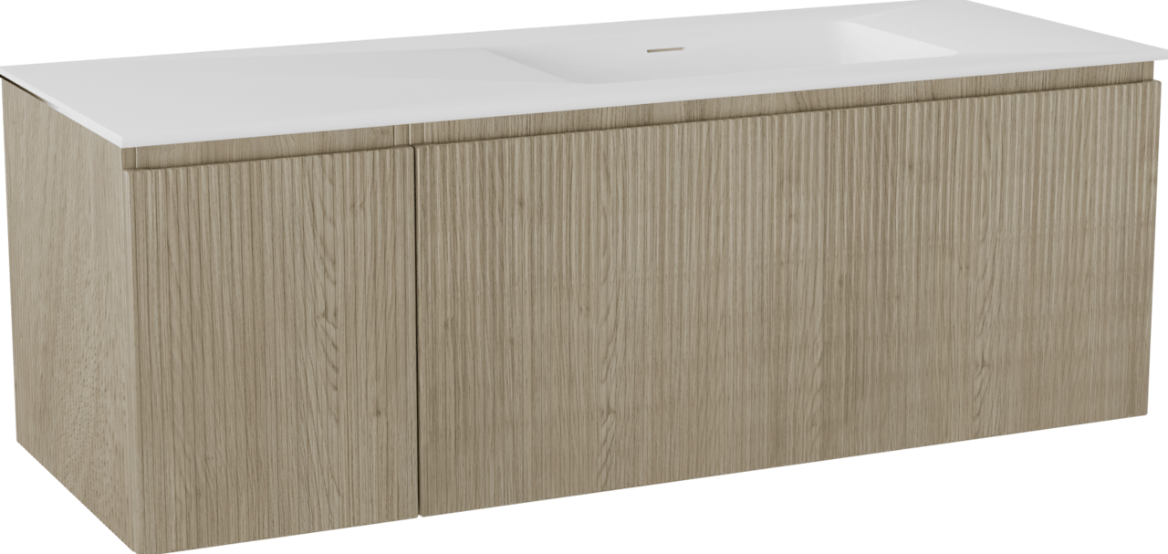 Storke Ribs zwevend badmeubel 140 x 52 cm ruw eiken met Mata asymmetrisch rechtse wastafel in solid surface mat wit, Verticale symmetrische rechte ribbel
