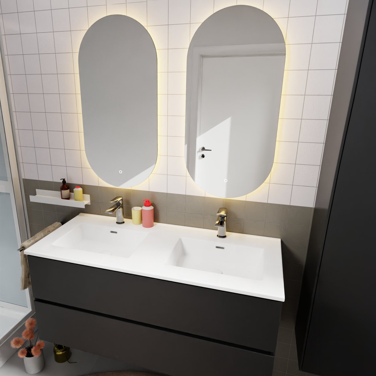 Storke Kera dubbele wastafel glanzend witte porselein 130 x 52 cm, inclusief crepines