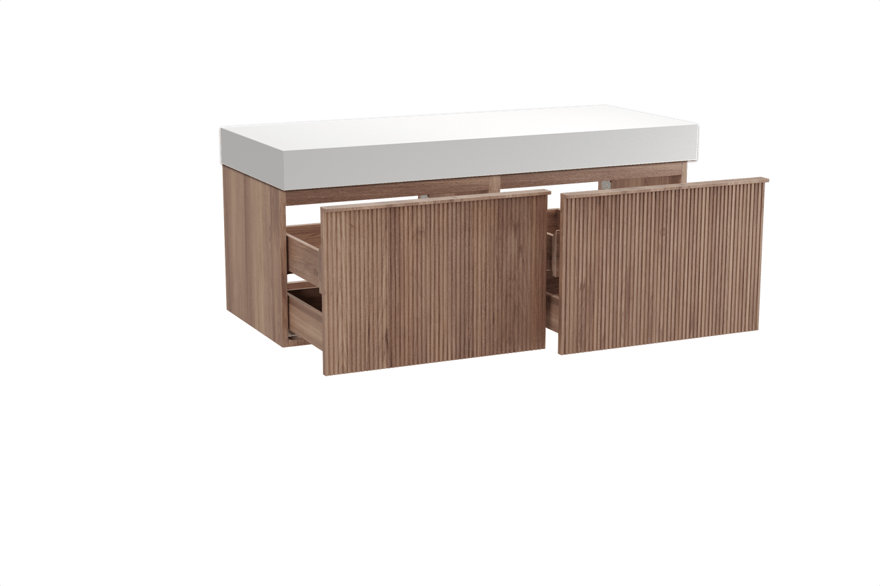 Balmani Forma zwevend badkamermeubel 135 x 55 cm teak met Dominus enkel of dubbel tablet in solid surface mat wit, Verticale symmetrische rechte ribbel