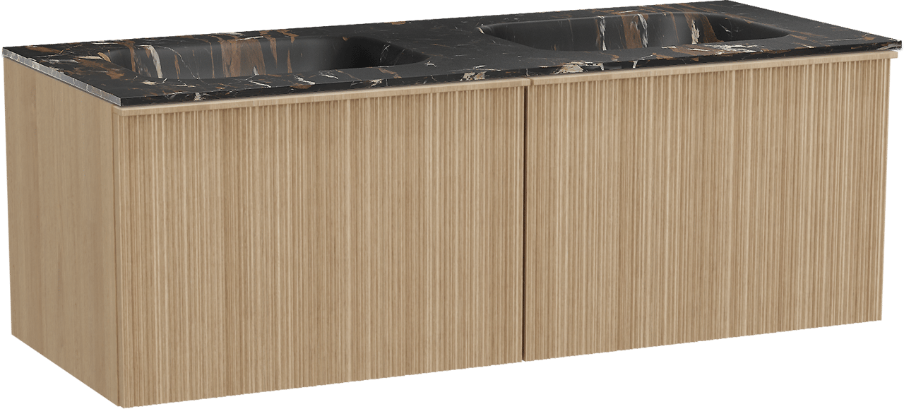 Balmani Forma zwevend badkamermeubel 135 x 55 cm natuur eik met Tablo Arcato dubbele wastafel in marmer portoro gold, Verticale asymmetrische ronde ribbel