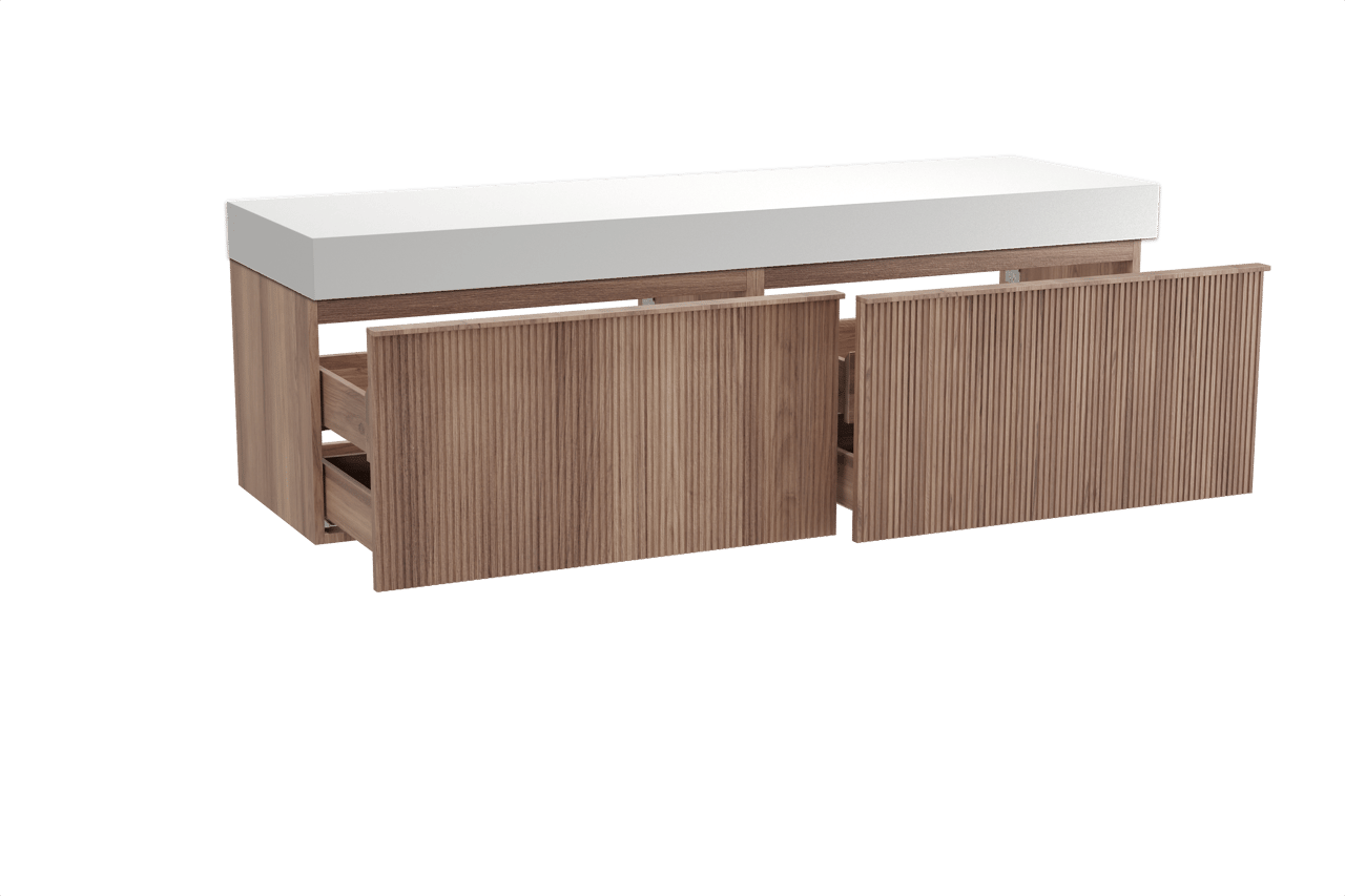 Balmani Forma zwevend badkamermeubel 180 x 55 cm teak met Dominus enkel of dubbel tablet in solid surface mat wit, Verticale symmetrische rechte ribbel