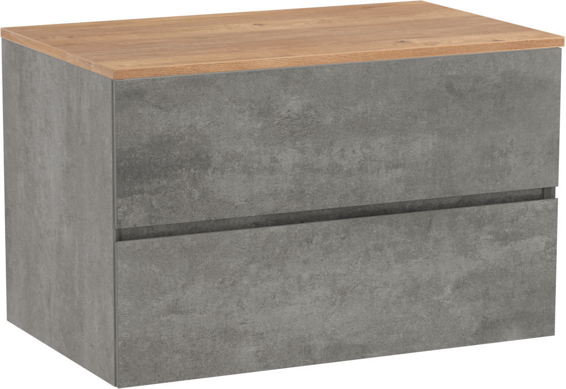 Storke Edge hängendes Möbelstück Set: 85 x 52 cm, Beton dunkelgrau, mit Panton Einzel Waschtischplatte, Melamin Rohe Eiche