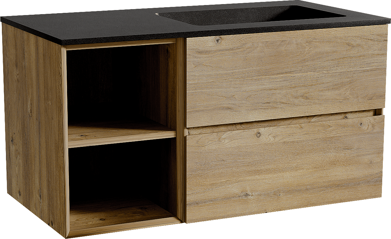 Storke Edge meuble salle de bains suspendu 100 x 52 cm chêne brut avec Scuro plan vasque asymétrique à droite en quartz noir mat