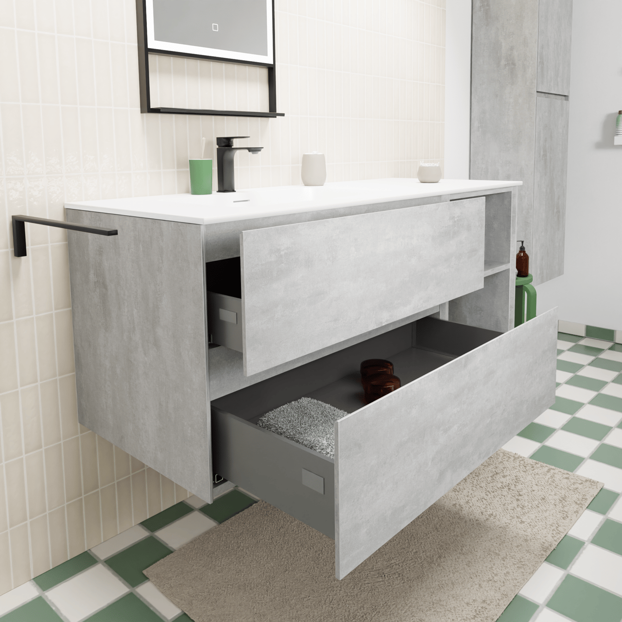 Storke Edge zwevend badkamermeubel 130 x 52 cm beton donkergrijs met Mata asymmetrisch linkse wastafel in solid surface mat wit