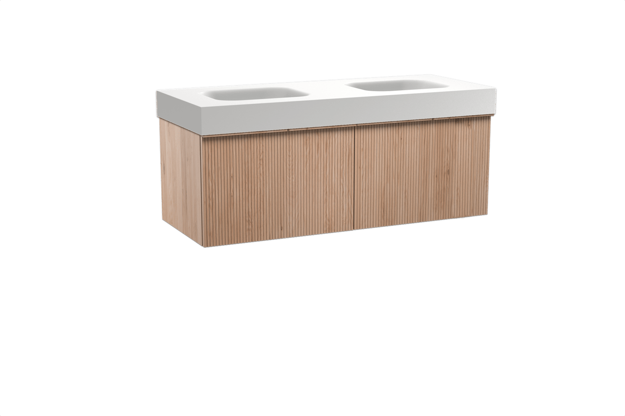 Balmani Forma zwevend badkamermeubel 135 x 55 cm natuur eik met Arcato dubbele wastafel in solid surface mat wit, Verticale symmetrische rechte ribbel