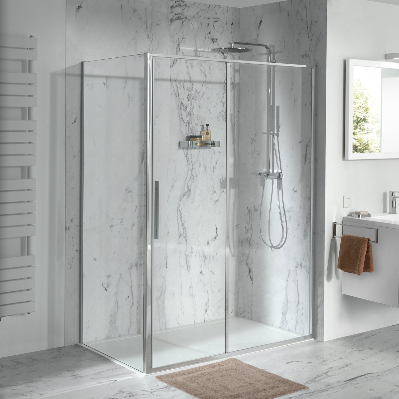 Luca Varess Morano paroi de douche avec porte pivotante et 2 parois latéraux fixes 90 x 120 cm verre transparent profil chrome brillant