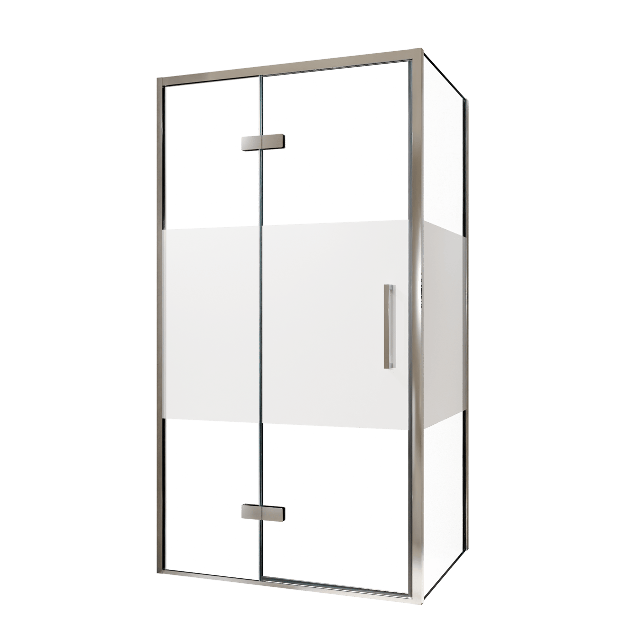 Balmani Senses Design douche en coin avec porte pivotante à gauche et paroi latérale fixe, 100 x 100 cm, Verre transparent avec bande matte, Profil chrome, coating inclus