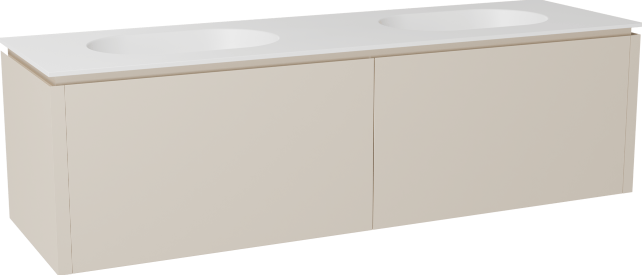 Balmani Eclips zwevend badmeubel 180 x 55 cm Sandbeige met Tablo Oval dubbele wastafel in Solid Surface mat wit