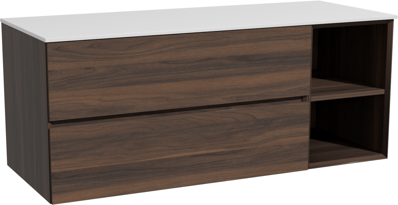 Storke Edge zwevend badmeubel 130 x 52 cm notenhout met Tavola enkel of dubbel wastafelblad in solid surface mat wit