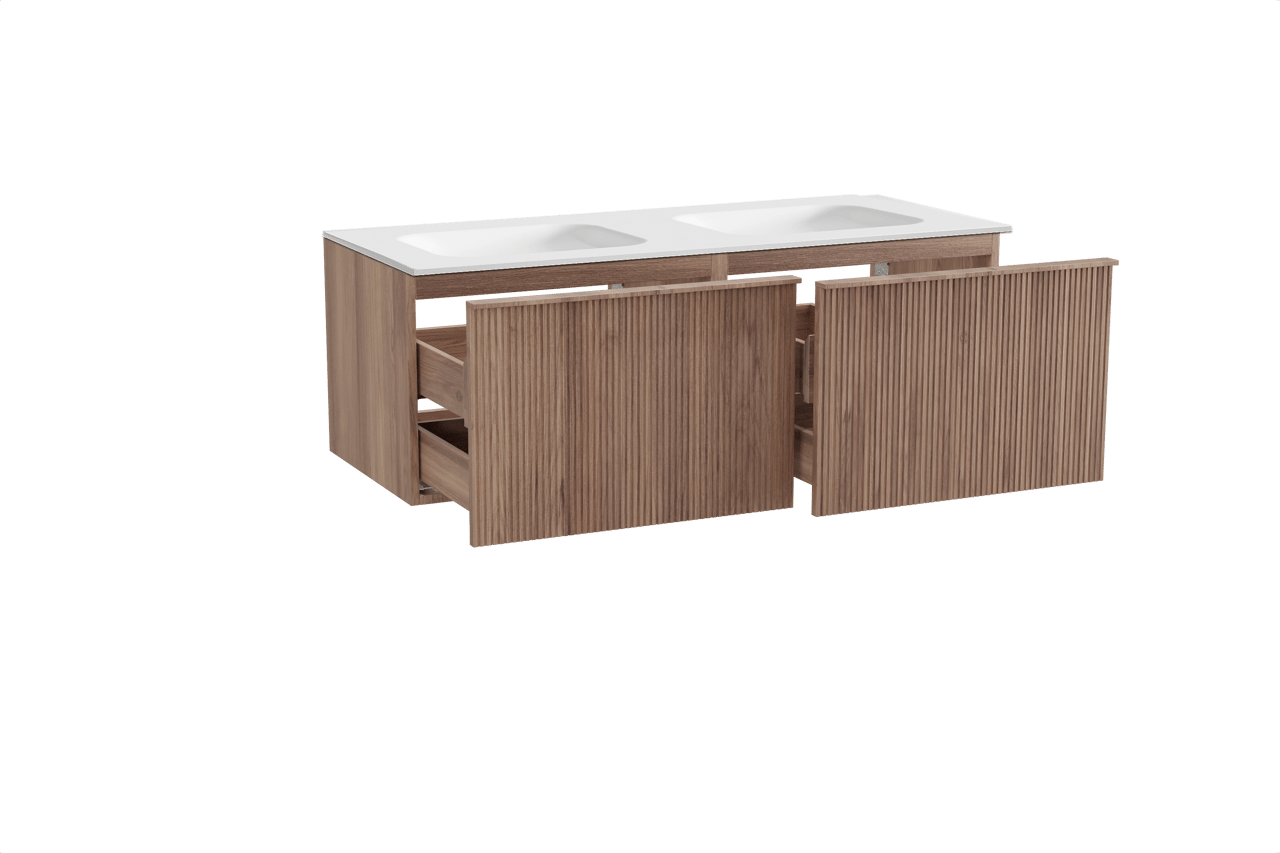 Balmani Forma hängendes Möbelstück Set: 135 x 55 cm, Teak, mit Tablo Arcato Doppelwaschtisch, Solid Surface, Weiß matt, Vertikale symmetrische gerade Rippe