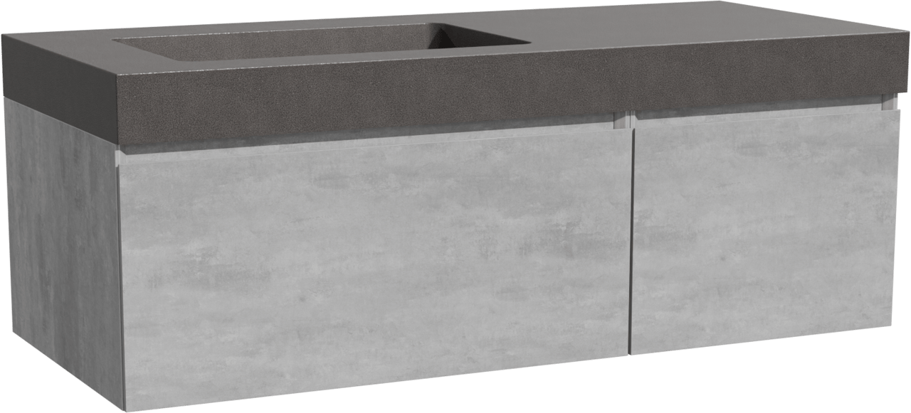 Storke Edge zwevend badmeubel 120 x 52 cm beton donkergrijs met Scuro High asymmetrisch linkse wastafel in kwarts mat zwart