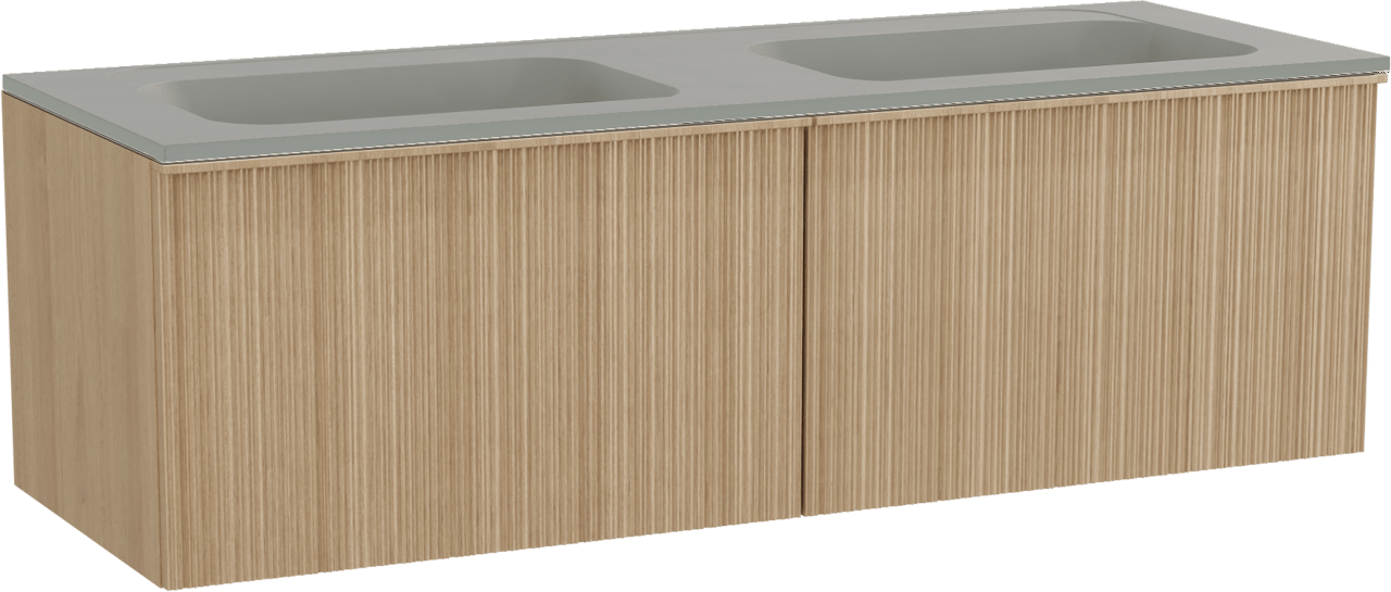 Balmani Forma zwevend badkamermeubel 150 x 55 cm natuur eik met Tablo Strada dubbele wastafel in composietmarmer zijdegrijs, Verticale asymmetrische ronde ribbel