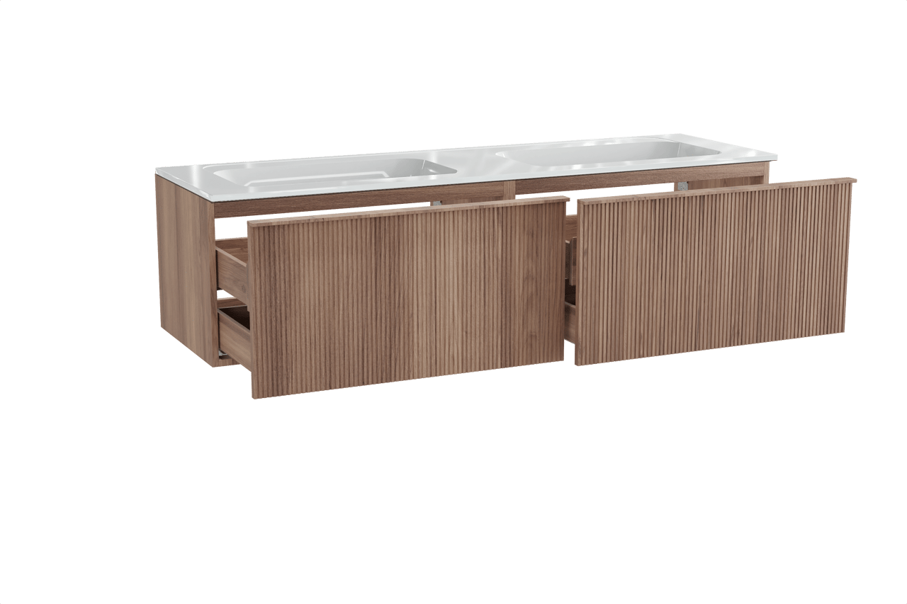 Balmani Forma zwevend badkamermeubel 180 x 55 cm teak met Tablo Strada dubbele wastafel in composietmarmer glanzend wit, Verticale symmetrische rechte ribbel
