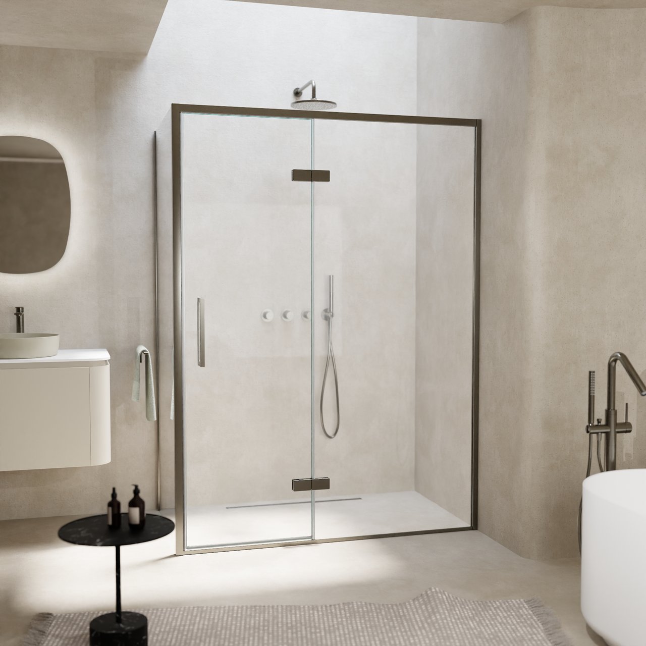 Balmani Senses Design douchehoek met rechtse draaideur en vaste zijwand, 140 x 80 cm, Helder glas, Brushed GunMetal profielen, met coating