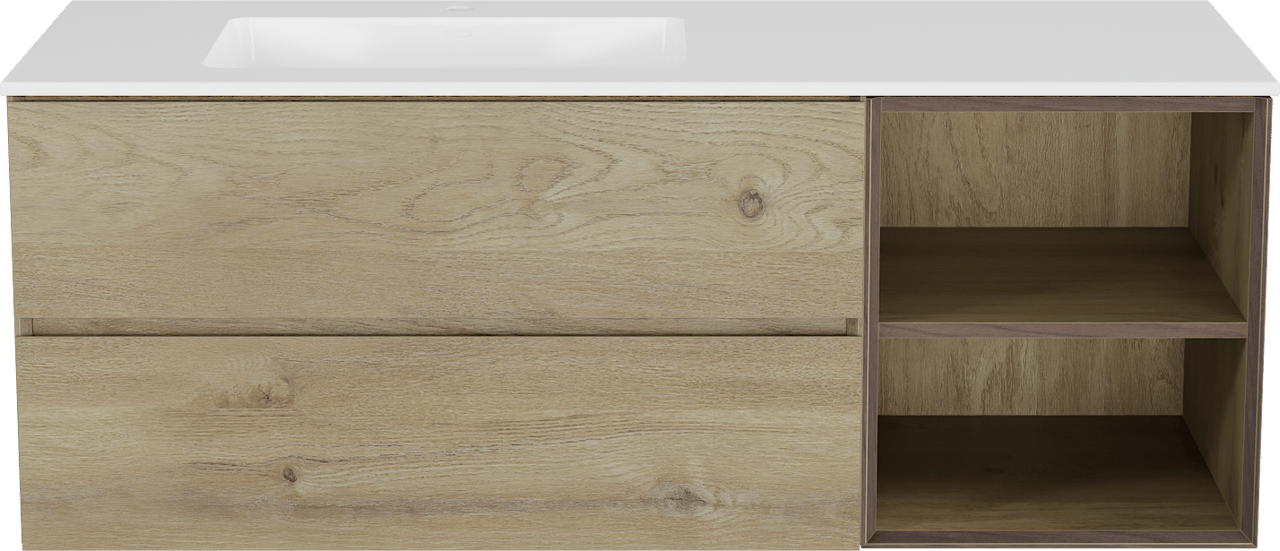 Storke Edge hängendes Möbelstück Set: 140 x 52 cm, Rohe Eiche, mit Bilia Waschtisch links, Marmorkomposit Weiß glänzend