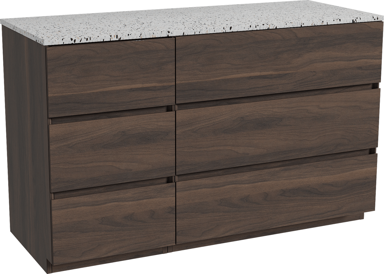 Storke Edge staand badmeubel 130 x 52 cm notenhout met Tavola enkel of dubbel wastafelblad in mat wit/zwart terrazzo